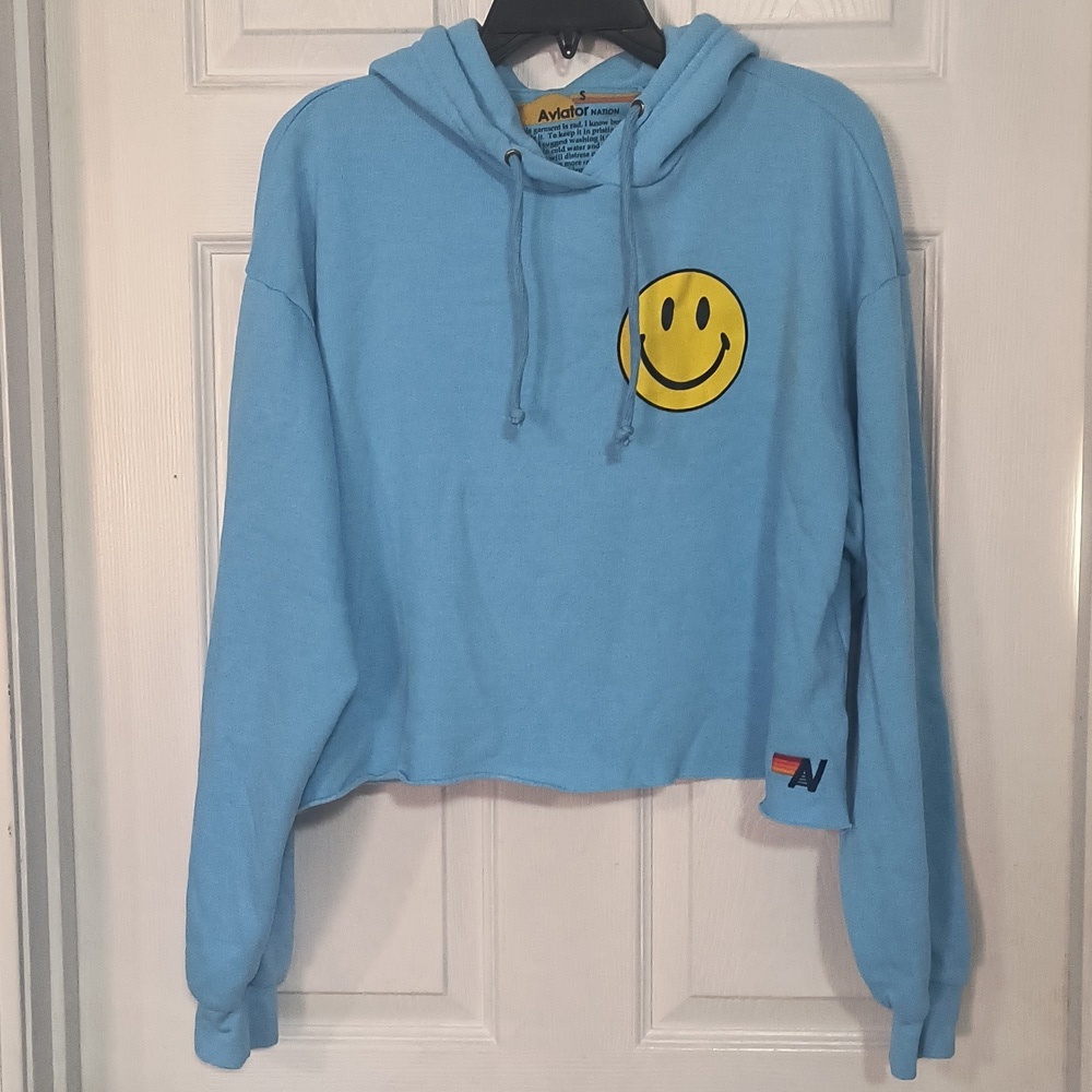 Aviator Nation Smiley 2 Relaxed Cropped Pullover Hoodie Size S - Picture 2 of 5